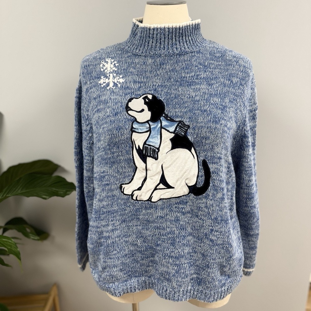 Vintage Big Dogs Sweater Mock Neck Unisex Size XL Blue Heather Dog Appliqué